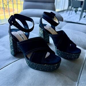 Miu Miu Black and Silver Glitter Platform Heels
